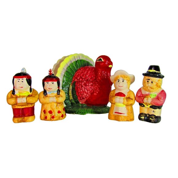 Vintage Thanksgiving Table Set Salt & Pepper Pilgrims Native American Turkey - Picture 10 of 10